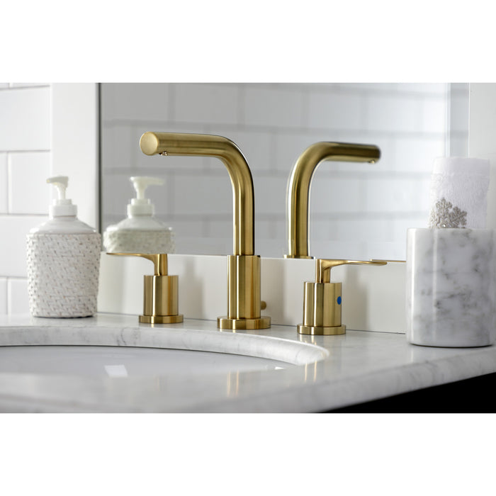Kingston Tulare FSC8953SVL - Serena Two-Handle 3-Hole Deck Mount Widespread Bathroom Faucet with Brass Pop-Up, Brushed Brass
