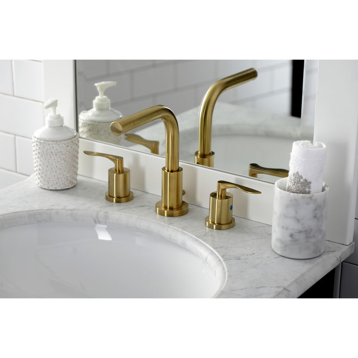 Kingston Tulare FSC8953SVL - Serena Two-Handle 3-Hole Deck Mount Widespread Bathroom Faucet with Brass Pop-Up, Brushed Brass