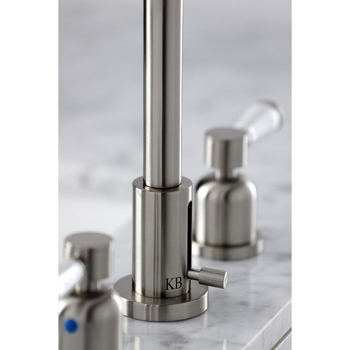 Kingston Tulare FSC8958DPL - Paris Two-Handle 3-Hole Deck Mount Widespread Bathroom Faucet with Brass Pop-Up, Brushed Nickel