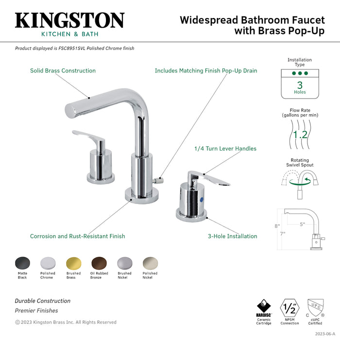 Kingston Tulare FSC8958SVL - Serena Two-Handle 3-Hole Deck Mount Widespread Bathroom Faucet with Brass Pop-Up, Brushed Nickel