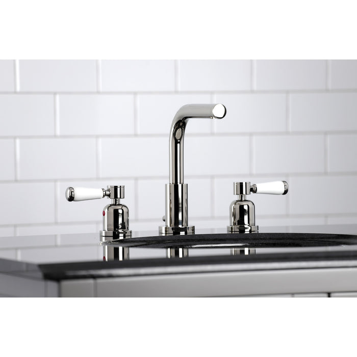 Kingston Tulare FSC8959DPL - Paris Two-Handle 3-Hole Deck Mount Widespread Bathroom Faucet with Brass Pop-Up, Polished Nickel