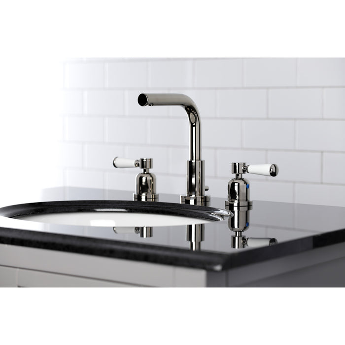 Kingston Tulare FSC8959DPL - Paris Two-Handle 3-Hole Deck Mount Widespread Bathroom Faucet with Brass Pop-Up, Polished Nickel