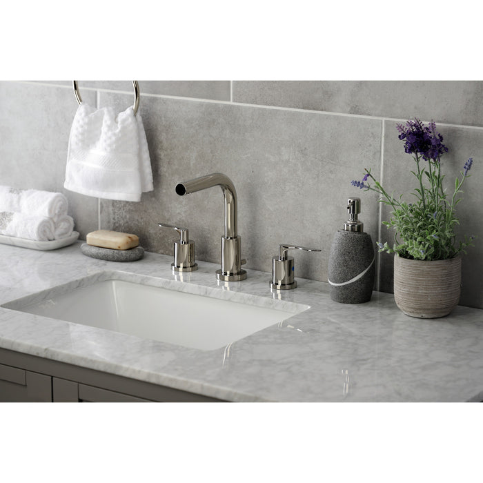 Kingston Tulare FSC8959SVL - Serena Two-Handle 3-Hole Deck Mount Widespread Bathroom Faucet with Brass Pop-Up, Polished Nickel