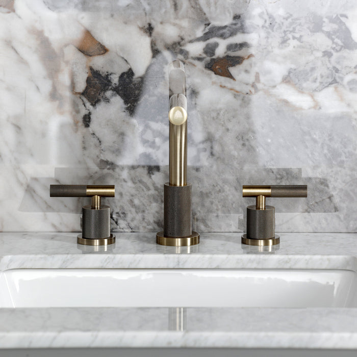 Kingston Sona FSC895KNLAB - Convergent Two-Handle 3-Hole Deck Mount Widespread Bathroom Faucet with Knurled Handle and Brass Pop-Up, Antique Brass