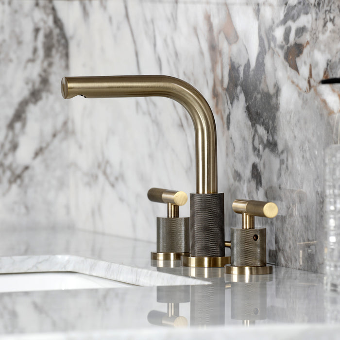Kingston Sona FSC895KNLAB - Convergent Two-Handle 3-Hole Deck Mount Widespread Bathroom Faucet with Knurled Handle and Brass Pop-Up, Antique Brass