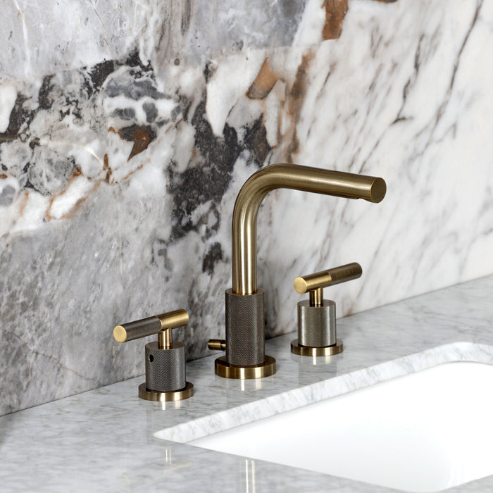 Kingston Sona FSC895KNLAB - Convergent Two-Handle 3-Hole Deck Mount Widespread Bathroom Faucet with Knurled Handle and Brass Pop-Up, Antique Brass