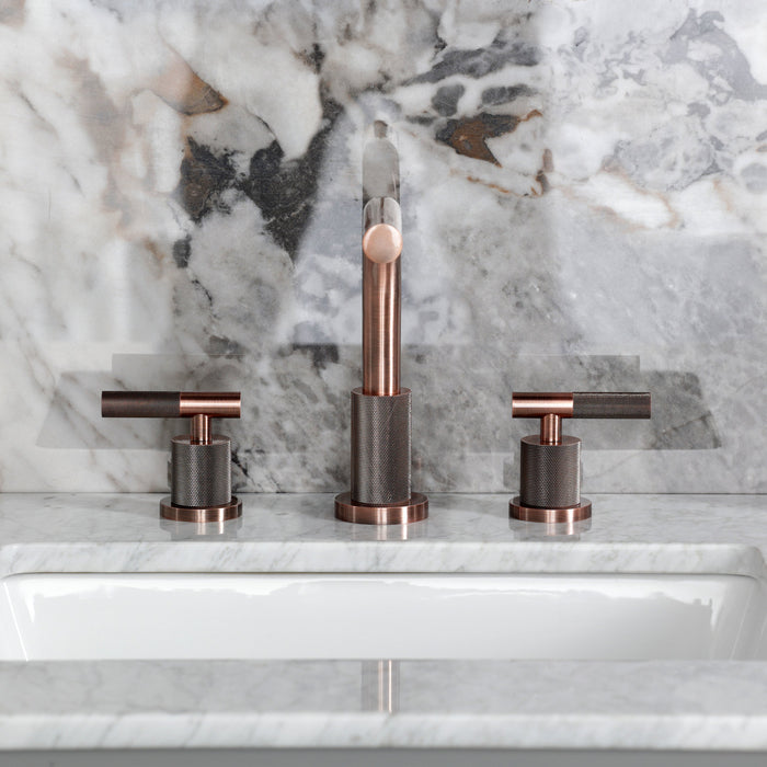 Kingston Sona FSC895KNLAC - Convergent Two-Handle 3-Hole Deck Mount Widespread Bathroom Faucet with Knurled Handle and Brass Pop-Up, Antique Copper