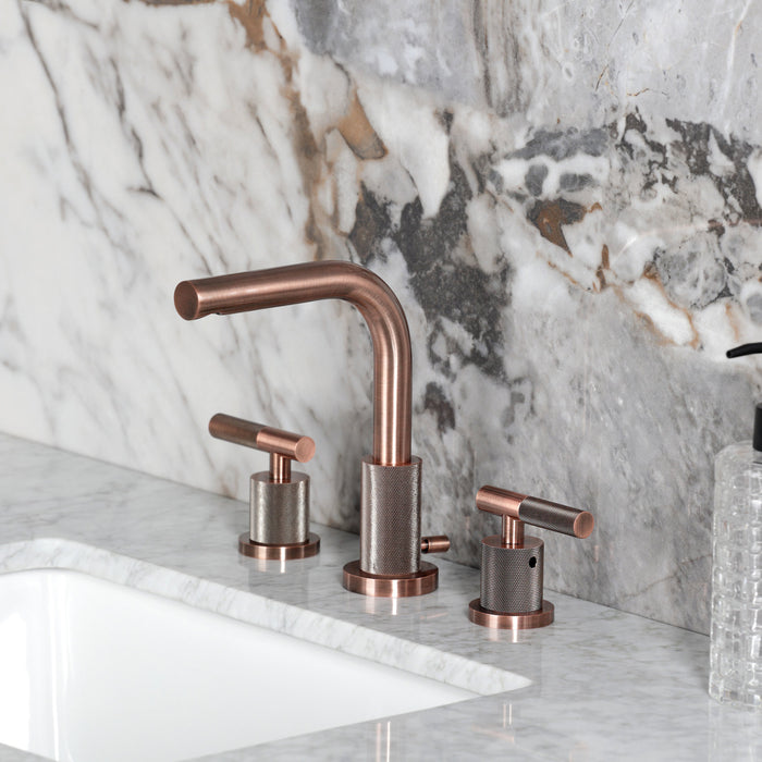 Kingston Sona FSC895KNLAC - Convergent Two-Handle 3-Hole Deck Mount Widespread Bathroom Faucet with Knurled Handle and Brass Pop-Up, Antique Copper