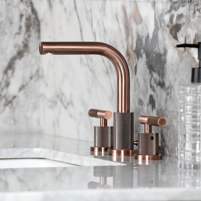 Kingston Sona FSC895KNLAC - Convergent Two-Handle 3-Hole Deck Mount Widespread Bathroom Faucet with Knurled Handle and Brass Pop-Up, Antique Copper