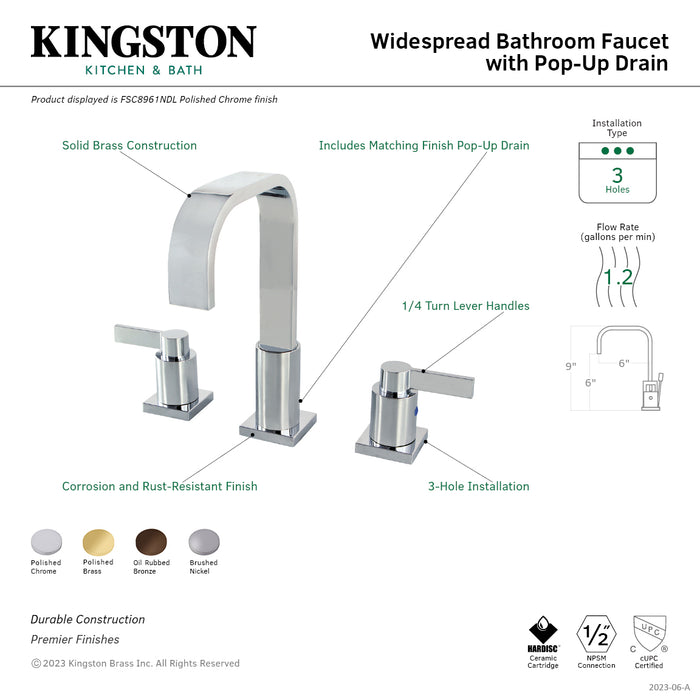 NuvoFusion FSC8961NDL Two-Handle 3-Hole Deck Mount Widespread Bathroom Faucet with Pop-Up Drain, Polished Chrome