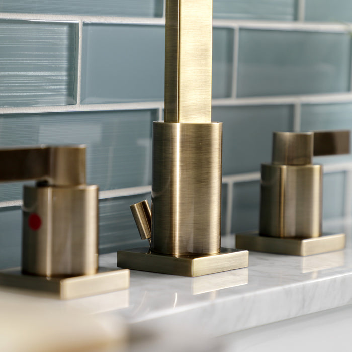 Kingston Sona FSC89633NDL - NuvoFusion Two-Handle 3-Hole Deck Mount Widespread Bathroom Faucet with Brass Pop-Up, Antique Brass