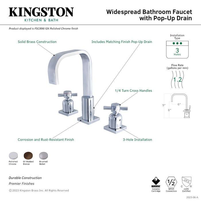 Kingston Sona FSC8968DX - Concord Two-Handle 3-Hole Deck Mount Widespread Bathroom Faucet with Pop-Up Drain, Brushed Nickel