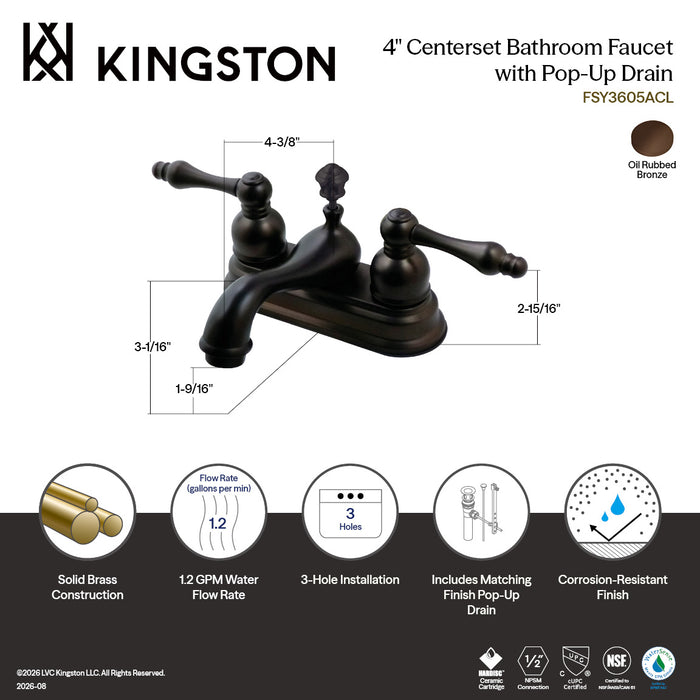Kingston American Classic FSY3605ACL Double-Handle 3-Hole Deck Mount 4-Inch Centerset Bathroom Faucet with Pop-Up Drain, Oil Rubbed Bronze