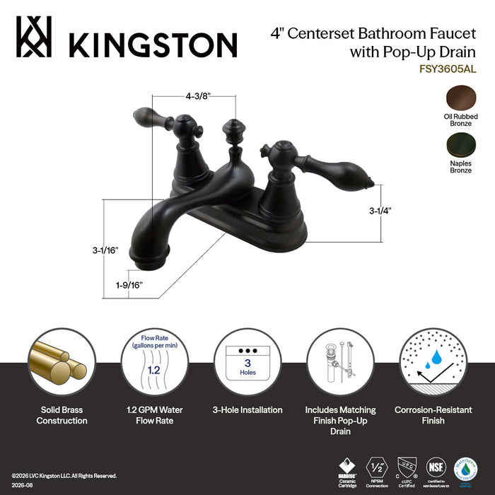 Kingston Heirloom FSY3606AL - English Classic Double-Handle 3-Hole Deck Mount 4-Inch Centerset Bathroom Faucet with Pop-Up Drain, Naples Bronze