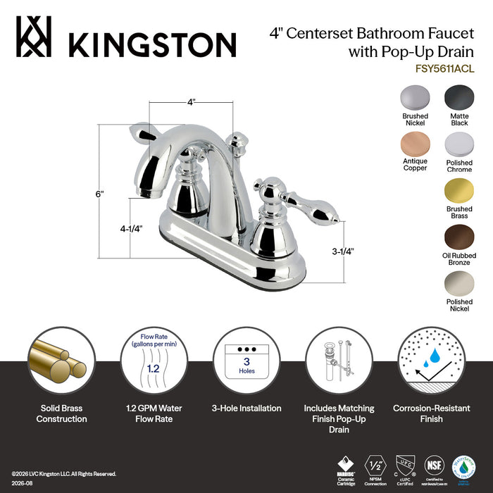 Kingston Tulare FSY5613ACL - American Classic Double-Handle 3-Hole Deck Mount 4-Inch Centerset Bathroom Faucet with Pop-Up Drain, Brushed Brass