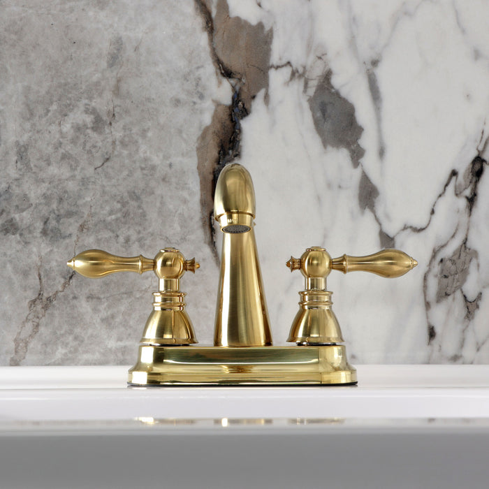 Kingston Tulare FSY5613ACL - American Classic Double-Handle 3-Hole Deck Mount 4-Inch Centerset Bathroom Faucet with Pop-Up Drain, Brushed Brass