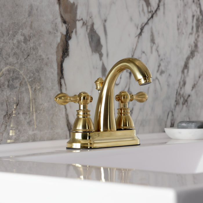 Kingston Tulare FSY5613ACL - American Classic Double-Handle 3-Hole Deck Mount 4-Inch Centerset Bathroom Faucet with Pop-Up Drain, Brushed Brass