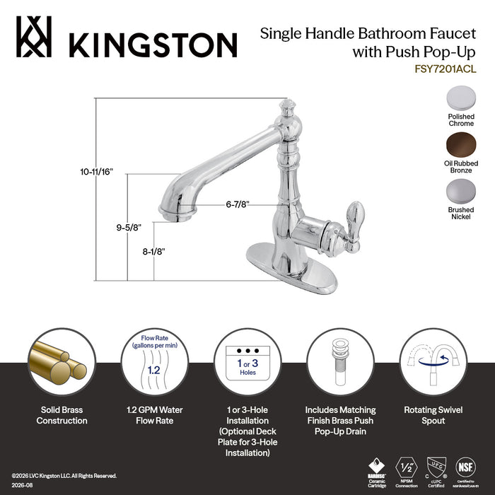 Kingston Tulare FSY7208ACL - American Classic Single-Handle 1-or-3 Hole Deck Mount 4-Inch Centerset Bathroom Faucet with Push-Up Pop-Up, Brushed Nickel