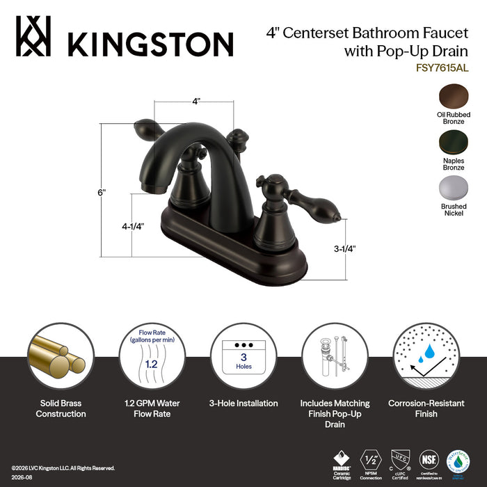 Kingston English Classic FSY7618AL Double-Handle 3-Hole Deck Mount 4-Inch Centerset Bathroom Faucet with Pop-Up Drain, Brushed Nickel
