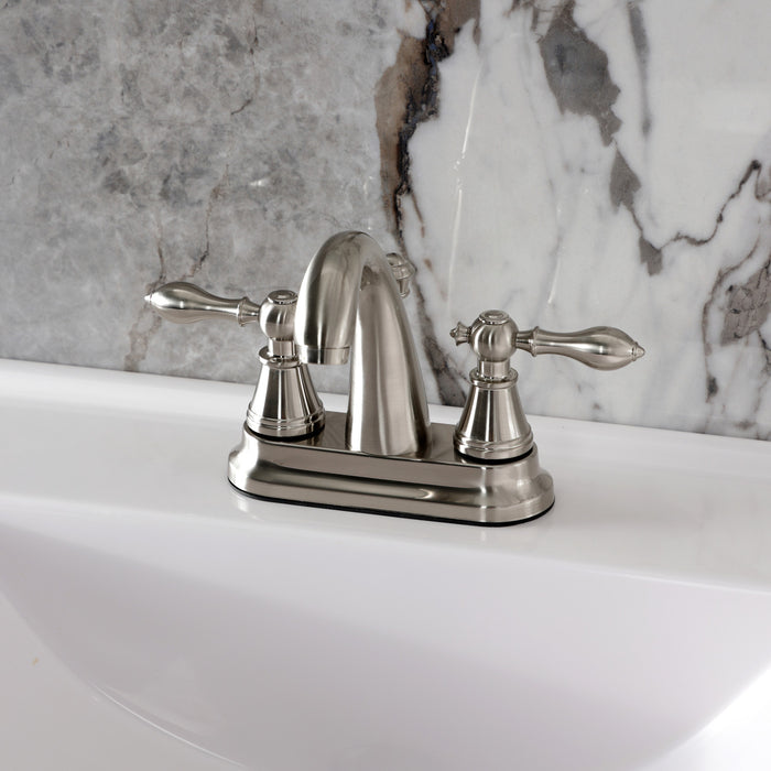Kingston English Classic FSY7618AL Double-Handle 3-Hole Deck Mount 4-Inch Centerset Bathroom Faucet with Pop-Up Drain, Brushed Nickel