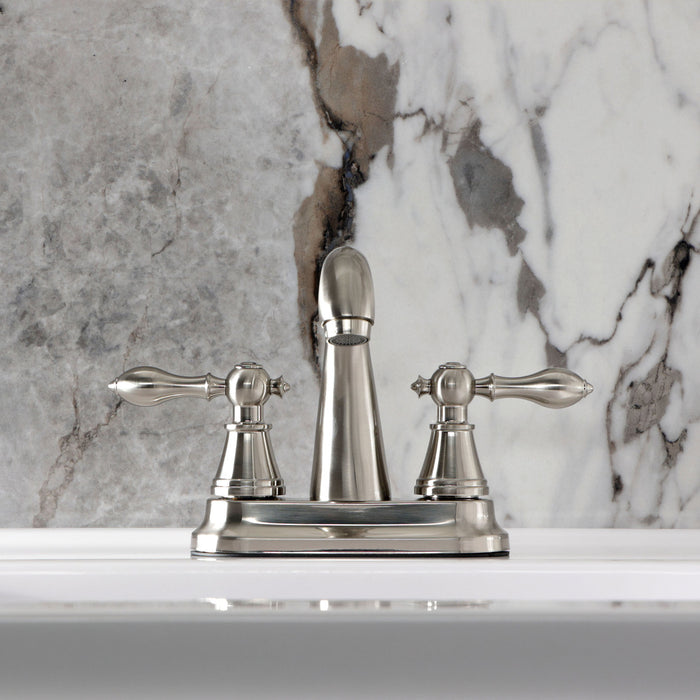 Kingston English Classic FSY7618AL Double-Handle 3-Hole Deck Mount 4-Inch Centerset Bathroom Faucet with Pop-Up Drain, Brushed Nickel