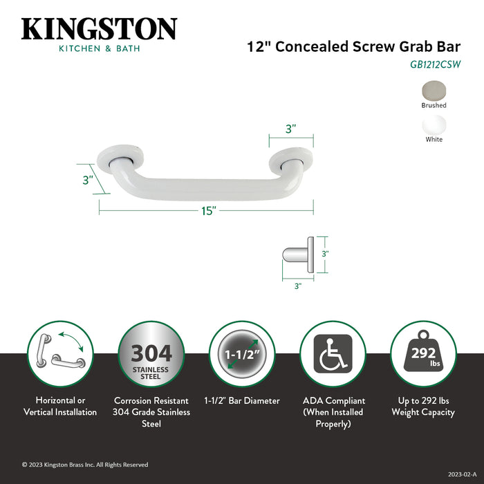 Kingston Tulare GB1212CSW - Made To Match 12-Inch x 1-1/2-Inch O.D. Stainless Steel ADA Grab Bar, White
