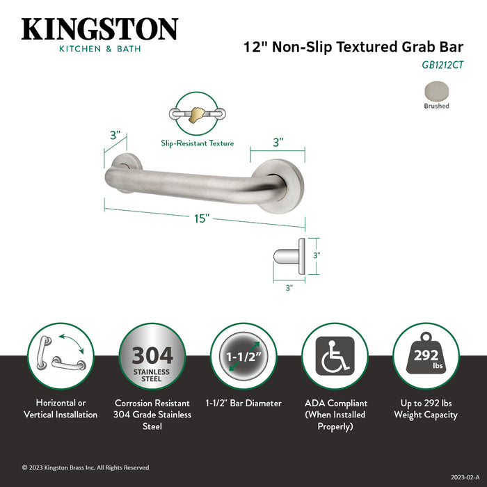 Kingston Made To Match GB1212CT 12-Inch x 1-1/2-Inch O.D. Stainless Steel Grab Bar, Brushed Stainless Steel