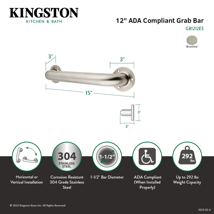 Kingston Made To Match GB1212ES 12-Inch x 1-1/2-Inch O.D. Stainless Steel Grab Bar, Brushed Stainless Steel