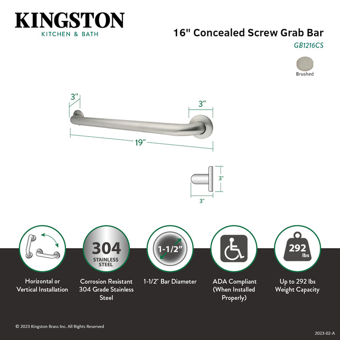 Kingston Made To Match GB1216CS 16-Inch x 1-1/2-Inch O.D. Stainless Steel Grab Bar, Brushed Stainless Steel