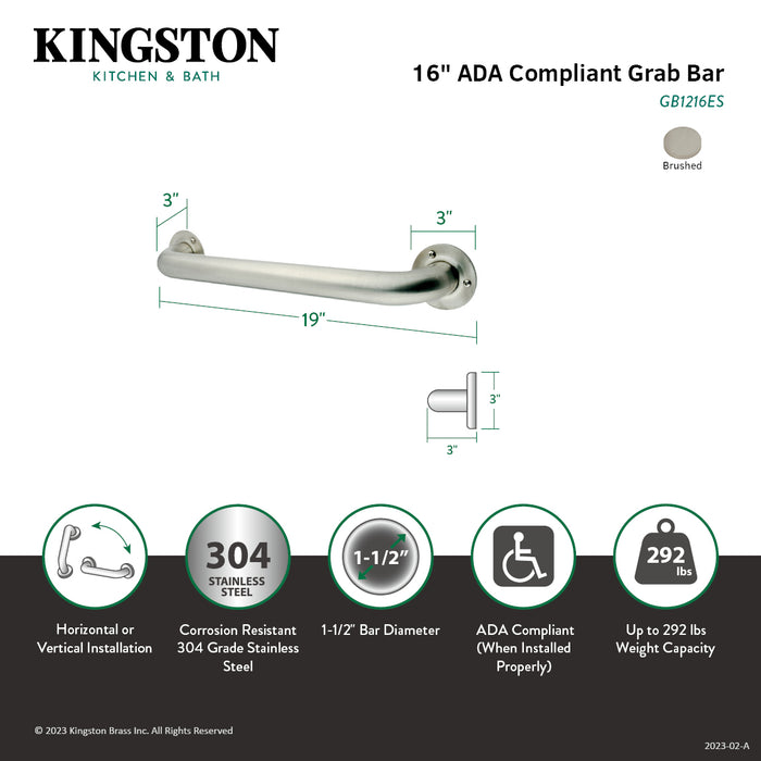 Kingston Made To Match GB1216ES 16-Inch x 1-1/2-Inch O.D. Stainless Steel Grab Bar, Brushed Stainless Steel