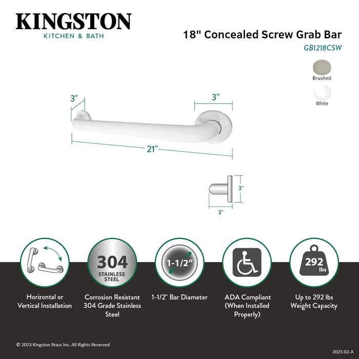Kingston Tulare GB1218CSW - Made To Match 18-Inch x 1-1/2-Inch O.D. Stainless Steel ADA Grab Bar, White