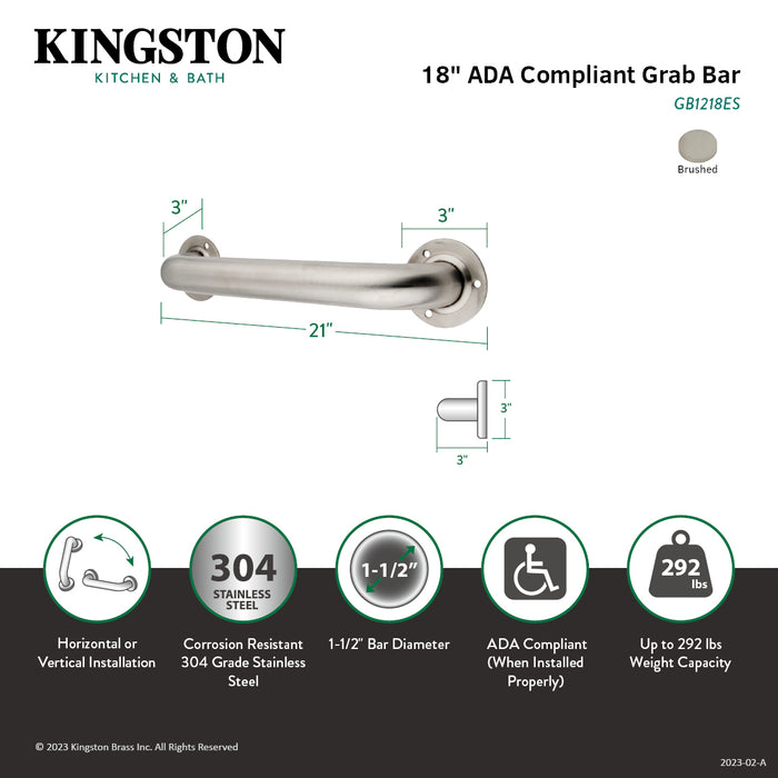 Kingston Made To Match GB1218ES 18-Inch x 1-1/2-Inch O.D. Stainless Steel Grab Bar, Brushed Stainless Steel