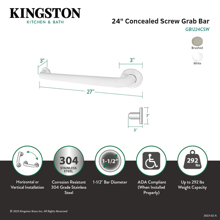Kingston Tulare GB1224CSW - Made To Match 24-Inch x 1-1/2-Inch O.D. Stainless Steel ADA Grab Bar, White