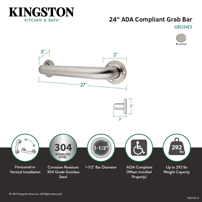 Kingston Made To Match GB1224ES 24-Inch x 1-1/2-Inch O.D. Stainless Steel Grab Bar, Brushed Stainless Steel