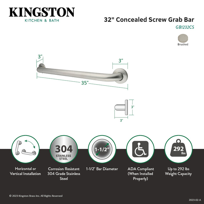Kingston Made To Match GB1232CS 32-Inch x 1-1/2-Inch O.D. Stainless Steel Grab Bar, Brushed Stainless Steel