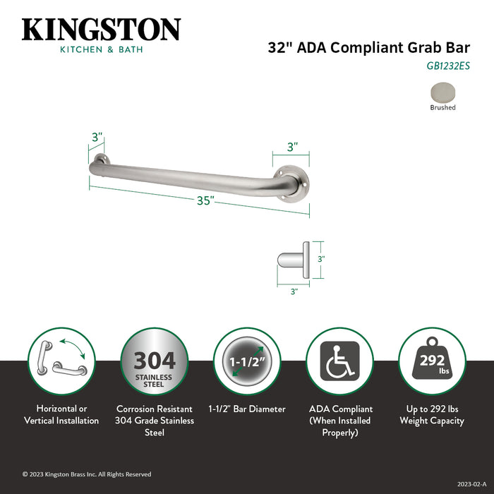 Kingston Made To Match GB1232ES 32-Inch x 1-1/2-Inch O.D. Stainless Steel Grab Bar, Brushed Stainless Steel