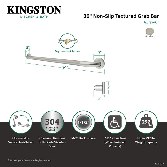 Kingston Made To Match GB1236CT 36-Inch x 1-1/2-Inch O.D. Stainless Steel Grab Bar, Brushed Stainless Steel
