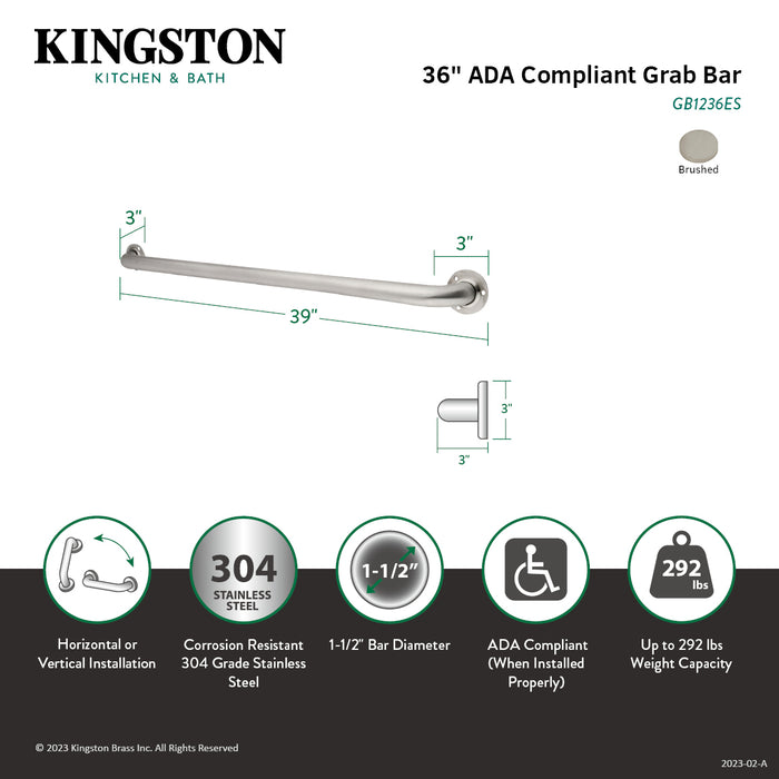 Kingston Made To Match GB1236ES 36-Inch x 1-1/2-Inch O.D. Stainless Steel Grab Bar, Brushed Stainless Steel