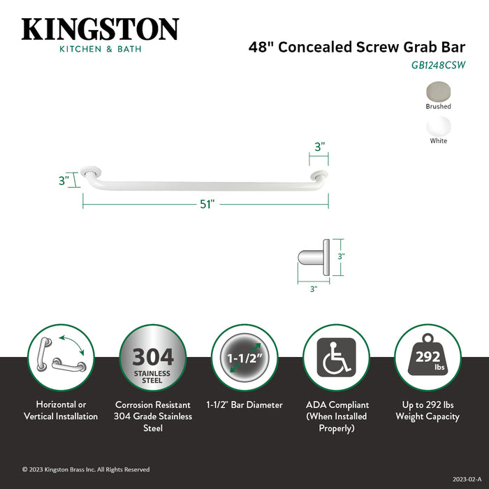 Kingston Tulare GB1248CSW - Made To Match 48-Inch x 1-1/2-Inch O.D. Stainless Steel ADA Grab Bar, White