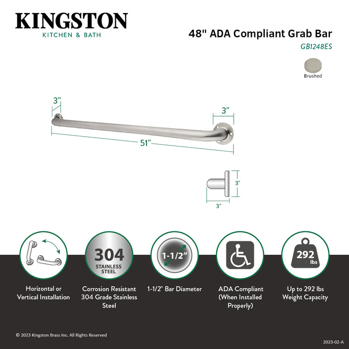 Kingston Made To Match GB1248ES 48-Inch x 1-1/2-Inch O.D. Stainless Steel Grab Bar, Brushed Stainless Steel