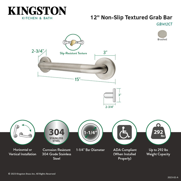 Kingston Made To Match GB1412CT 12-Inch x 1-1/4-Inch O.D. Stainless Steel Grab Bar, Brushed Stainless Steel