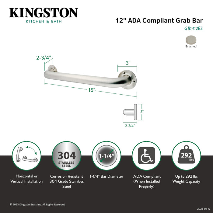 Kingston Made To Match GB1412ES 12-Inch x 1-1/4-Inch O.D. Stainless Steel Grab Bar, Brushed Stainless Steel