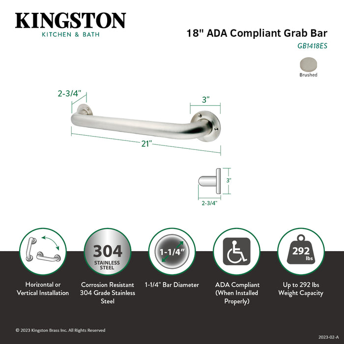 Kingston Made To Match GB1418ES 18-Inch x 1-1/4-Inch O.D. Stainless Steel Grab Bar, Brushed Stainless Steel