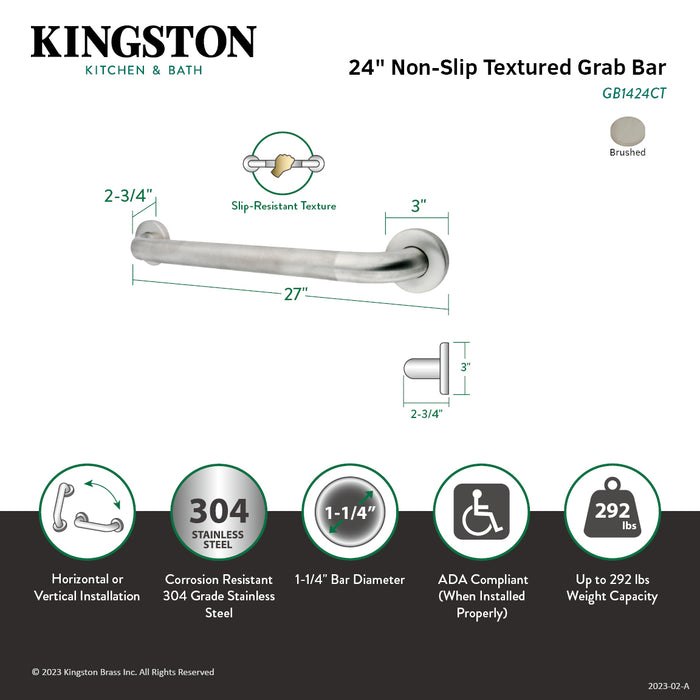 Kingston Made To Match GB1424CT 24-Inch x 1-1/4-Inch O.D. Stainless Steel Grab Bar, Brushed Stainless Steel
