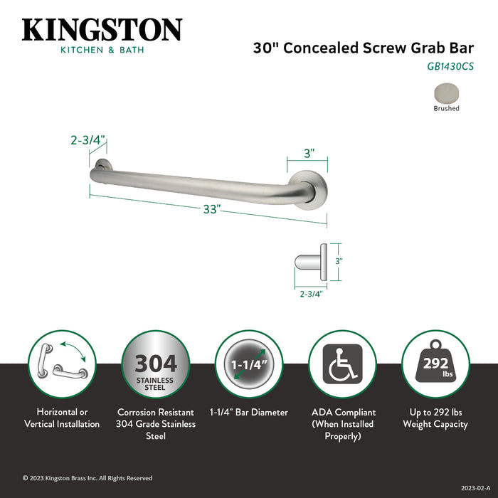 Kingston Made To Match GB1430CS 30-Inch x 1-1/4-Inch O.D. Stainless Steel Grab Bar, Brushed Stainless Steel