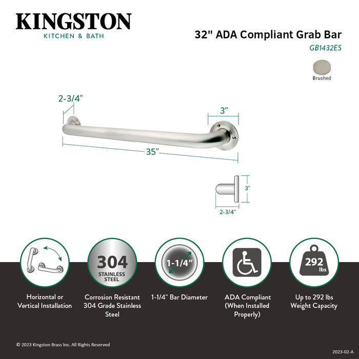 Kingston Made To Match GB1432ES 32-Inch x 1-1/4-Inch O.D. Stainless Steel Grab Bar, Brushed Stainless Steel