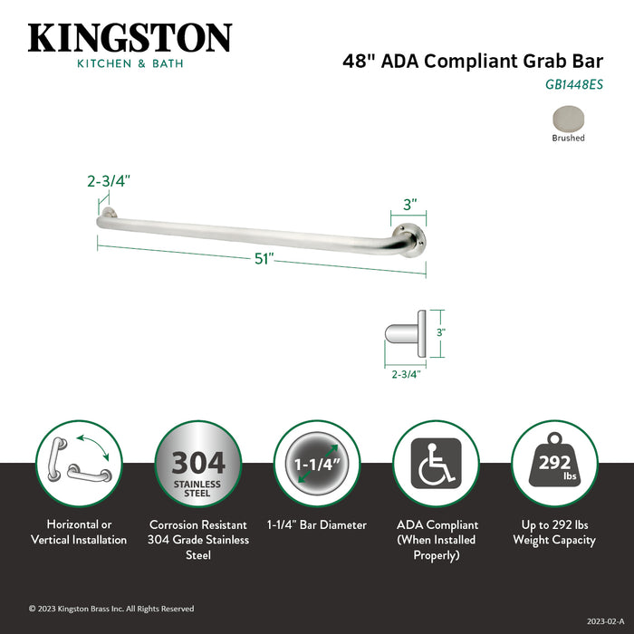 Kingston Made To Match GB1448ES 48-Inch x 1-1/4-Inch O.D. Stainless Steel Grab Bar, Brushed Stainless Steel