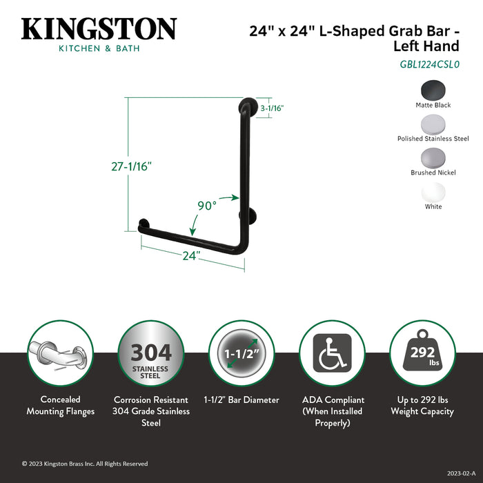 Kingston Tulare GBL1224CSL0 - Made To Match 24-Inch x 24-Inch L-Shaped Stainless Steel ADA Grab Bar - Left Hand, Matte Black