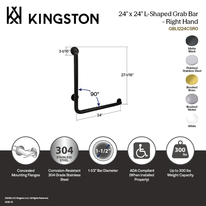 Kingston Tulare GBL1224CSR1 - Made To Match 24-Inch x 24-Inch L-Shaped Stainless Steel ADA Grab Bar - Right Hand, Mirror