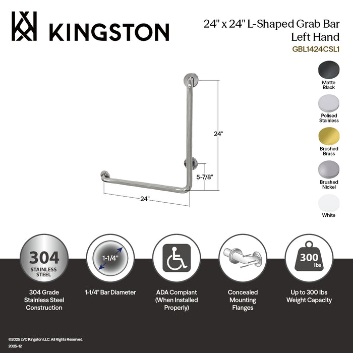 Kingston Tulare GBL1424CSL8 - Made To Match 24-Inch x 24-Inch L-Shaped Stainless Steel ADA Grab Bar - Left Hand, Brushed Nickel